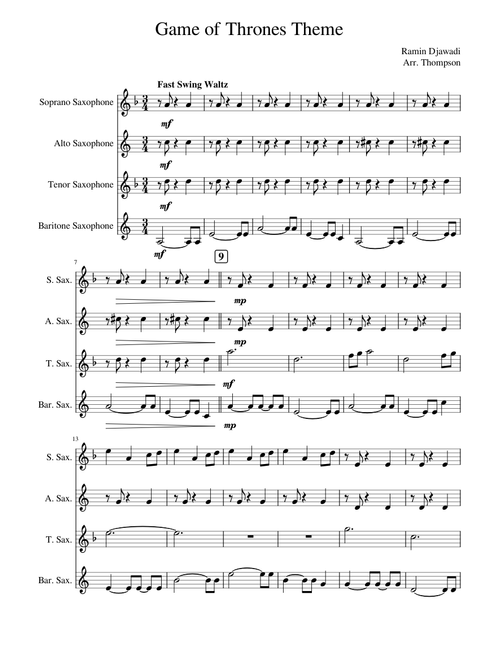 Game of Thrones Theme - Saxophone Quartet