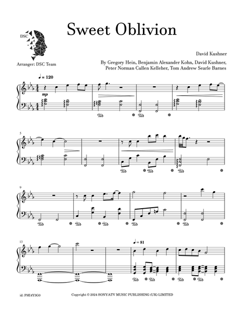Sweet Oblivion (Arr. Digital Scores Collection) - David Kushner (Piano Solo)
