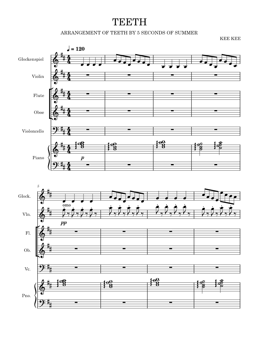 Tooth Music TEETH Sheet Music for Piano, Flute, Oboe, Glockenspiel & more ...