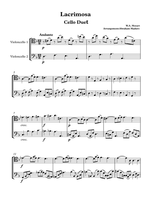 Lacrimosa from Mozart´s Requiem Cello Duet (Arr. Abraham Maduro) - W.A. Mozart (Cello Duet)