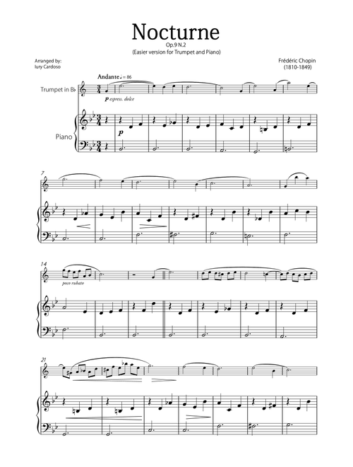 "Nocturne" (Chopin) - Beautiful EASY version for TRUMPET and PIANO. (Arr. Iury Cardoso) - Frédéric Chopin (Trumpet and Piano)