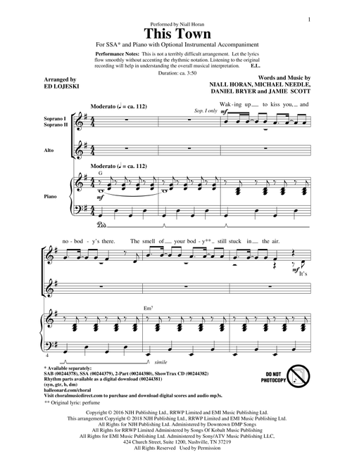 This Town (Arr. Ed Lojeski) - Niall Horan (Choral, SSA)