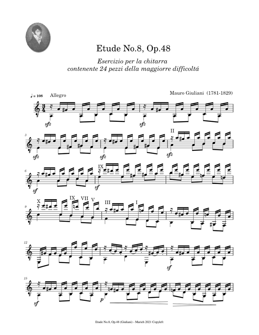 Etude No.8, Op.48 – Mauro Giuliani (1781 - 1829) Sheet Music