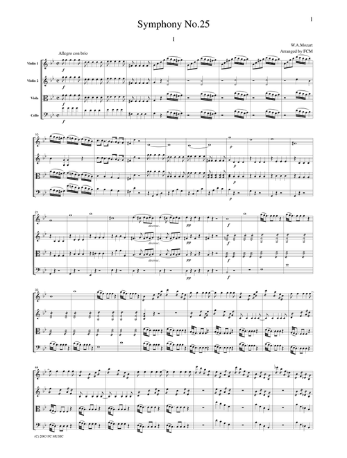 Mozart Symphony No.25, 1st mvt., for string quartet, CM010 (Arr. FCMUSIC) (String Quartet)