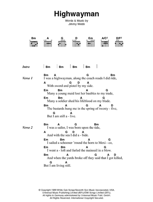 The Highwayman - Johnny Cash, Jimmy Webb (Guitar Chords-Lyrics)