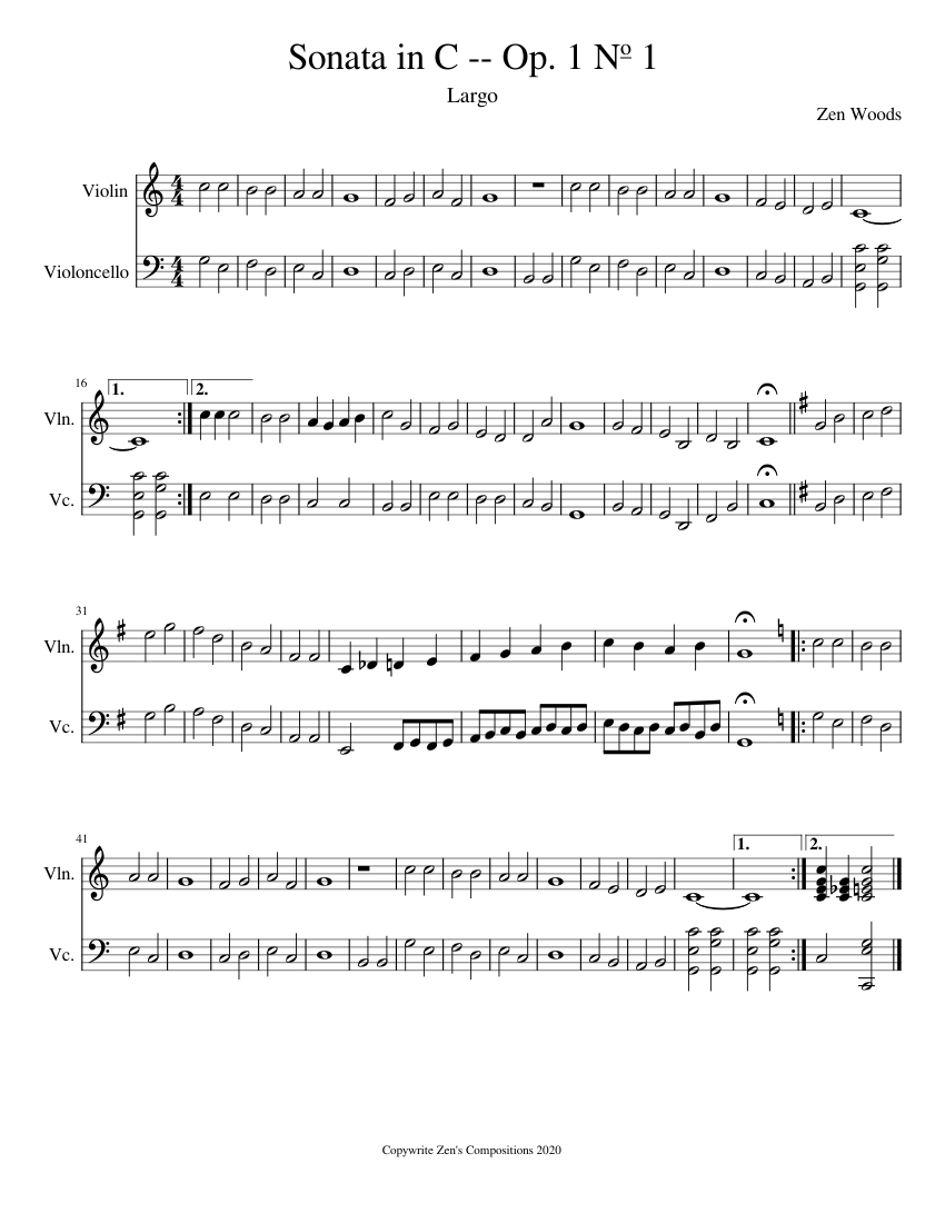 Sonata in C Movement-2 Sheet music for Violin, Cello (String Duet ...
