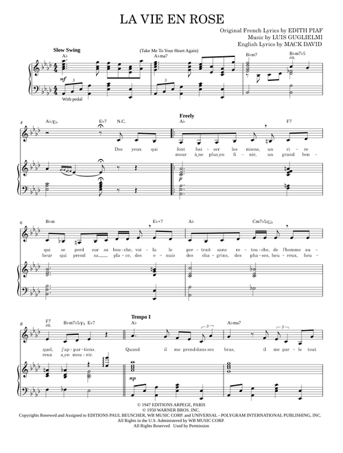 La Vie En Rose (Take Me To Your Heart Again) - Piaf, Edith and Monnot, Marguerite (Piano Vocal)