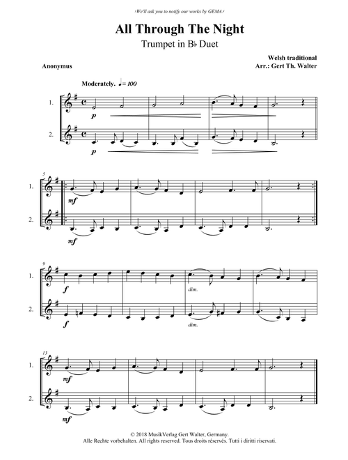 All Through The Night (Arr. Gert Th. Walter) - Welsh Traditional (Trumpet Duet)
