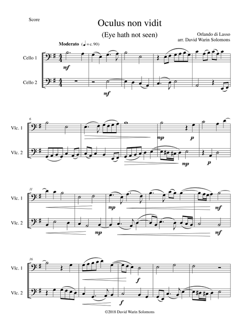 Oculus non vidit (Eye hath not seen) arranged for 2 cellos (Arr. David Warin Solomons) - Orlando di Lasso (Cello Solo)