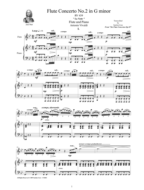 Vivaldi - Flute Concerto No.2 in G minor 'La Notte' Op.10, RV 439 for Flute and Piano (Arr. Santino Cara) - Vivaldi Antonio (Flute and Piano)