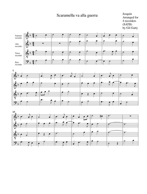 Scaramella va alla guerra (arrangement for 4 recorders) (Arr. Gil Garty) - Josquin Des Prez (Recorder Ensemble)