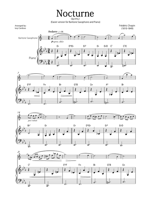 "Nocturne" (Chopin) - Beautiful EASY version for BARITONE SAXOPHONE and PIANO. (Arr. Iury Cardoso) - Frédéric Chopin (Baritone Sax and Piano)