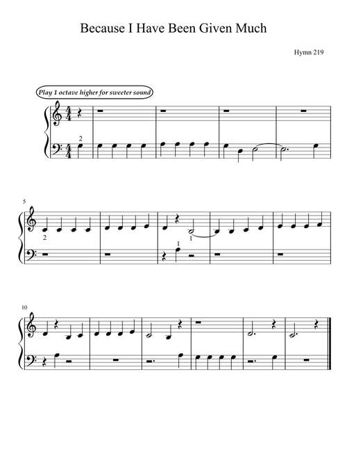 "Because I Have Been Given Much" (5-Finger Arrangement)