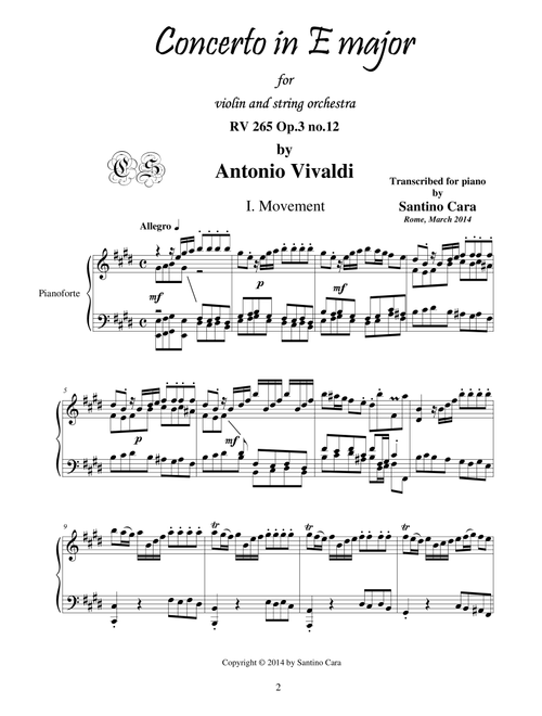 Vivaldi Concerto in E major for piano (Arr. Santino Cara) (Piano Solo)