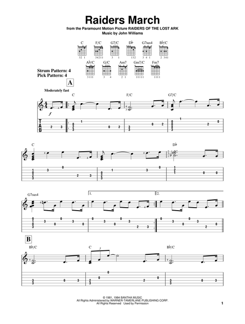 Raiders March - John Williams (Easy Guitar with TAB)