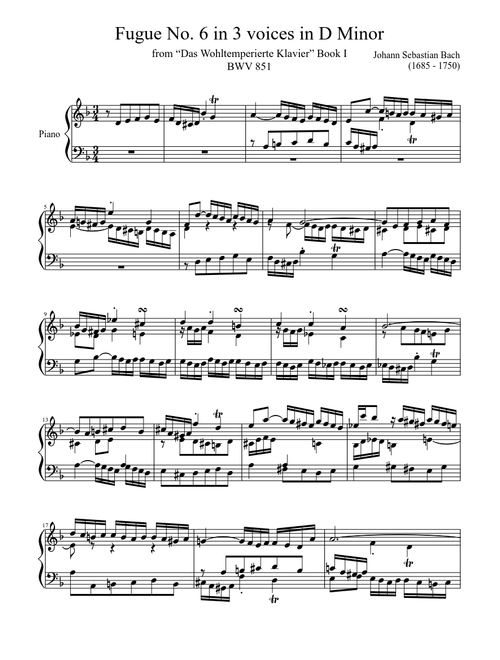 Fugue No. 6 BWV 851 in D Minor