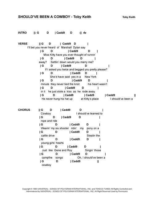 Should've Been A Cowboy (Arr. Bronson Ferdinand Wright) - Toby Keith (Guitar Chords-Lyrics)