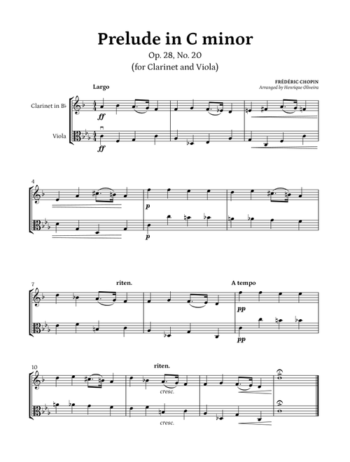Prelude Op. 28, No. 20 (Clarinet and Viola) - Frédéric Chopin (Arr. Henrique Oliveira) (Instrumental Duet)