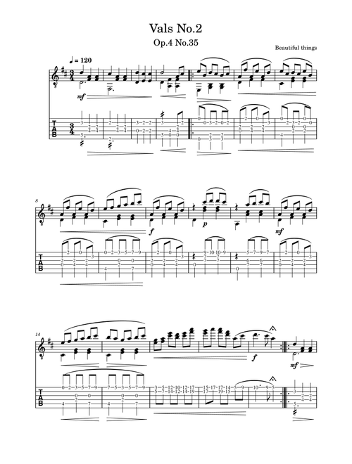 Vals No.2-Beautiful things Op.4 No.35 (Guitar Tab)