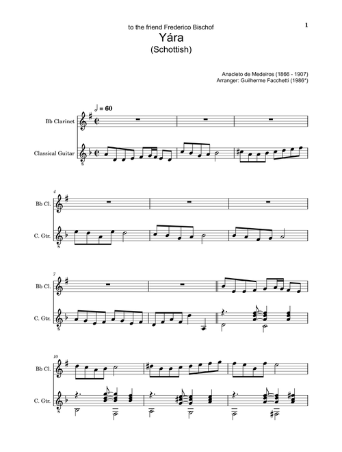 Anacleto de Medeiros - Yára. Arrangement for Bb Clarinet and Classical Guitar. Score and Parts (Arr. Guilherme Facchetti) (Instrumental Duet)
