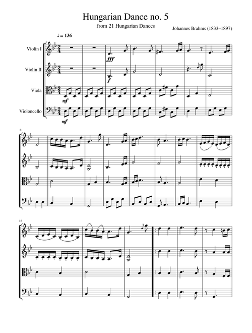 Hungarian Dance no. 5 for string quartet