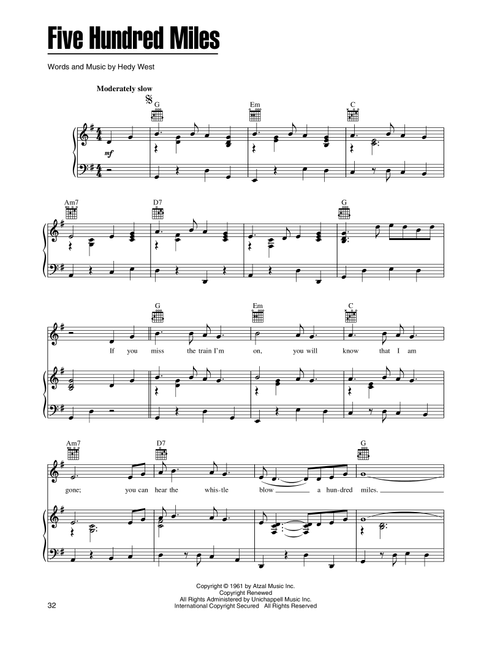 Five Hundred Miles - Peter Paul & Mary (Piano-Vocal-Guitar)