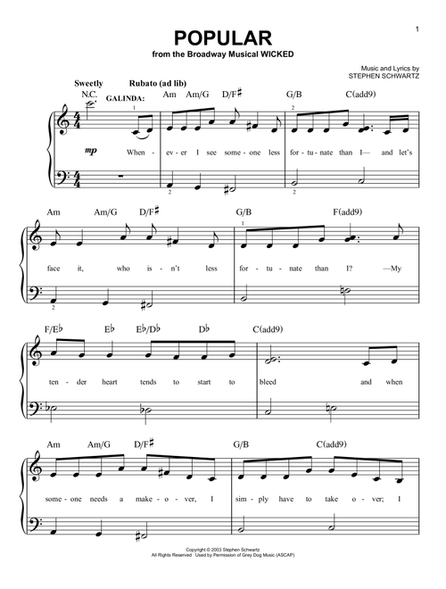 Popular (from Wicked) - Stephen Schwartz (Very Easy Piano)