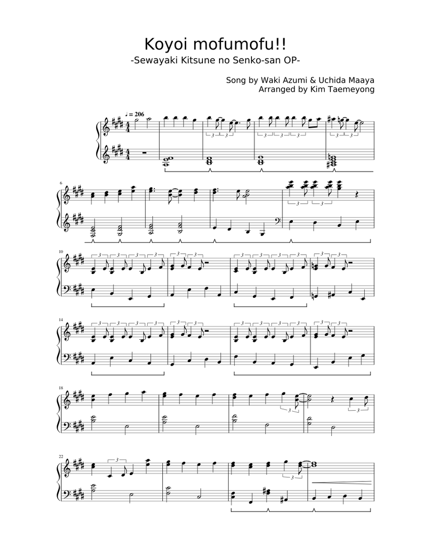 Koyoi mofumofu!! -Sewayaki Kitsune no Senko-san OP- Sheet Music