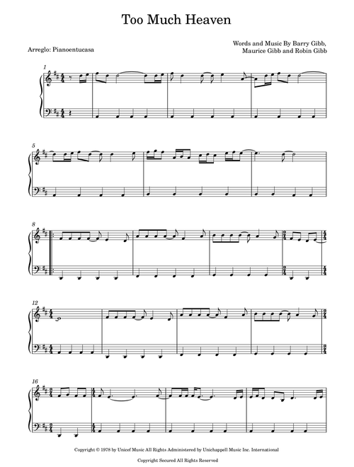 Too Much Heaven (Arr. Pianoentucasa) - Bee Gees (Piano Solo)