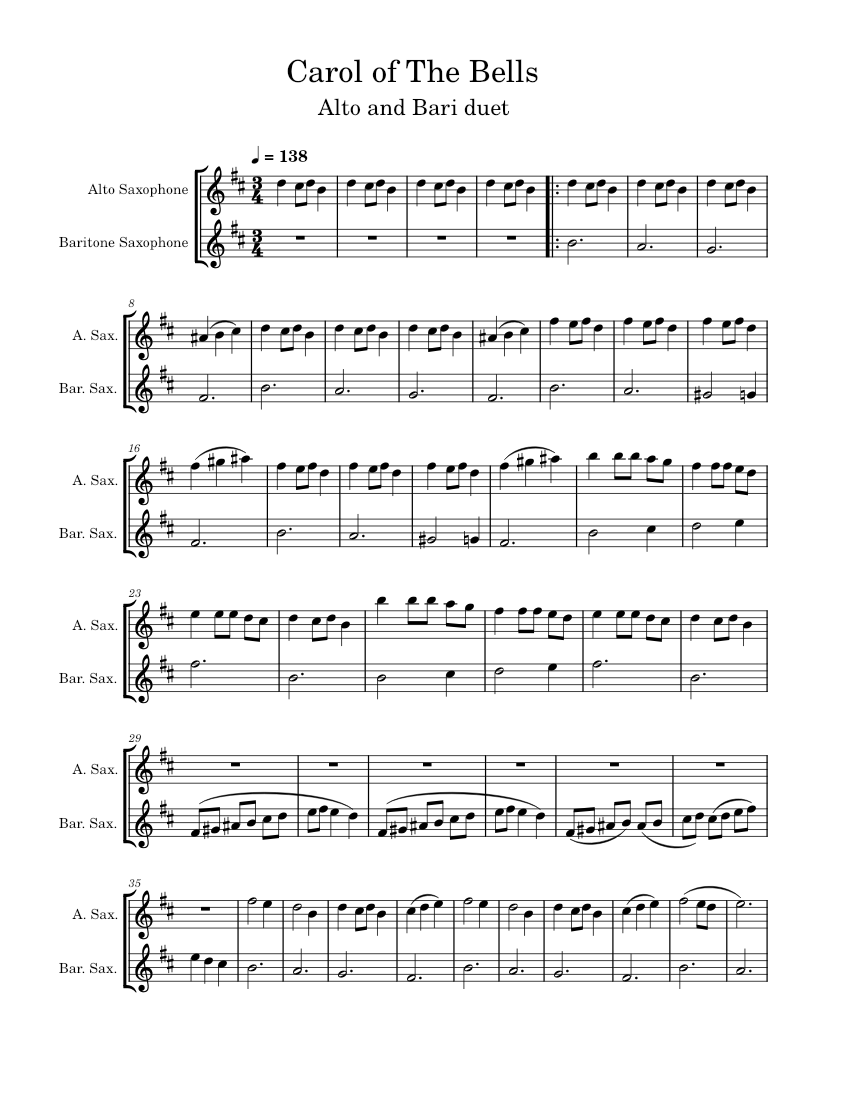 Carol of the Bells – Mykola Leontovych Sheet music for Saxophone alto ...