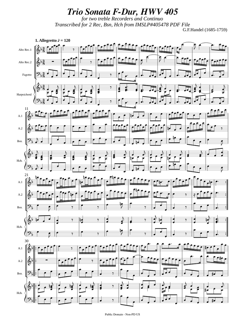 Händel, G. F._Trio Sonata in F-Major HWV 405 [2 Rec-Bsn-Hch] Sheet