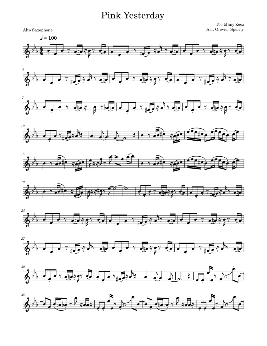 Pink Yesterday Too Many Zooz Sheet music for Saxophone alto (Solo