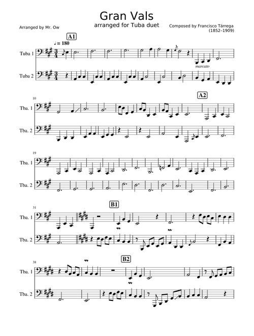 Gran Vals by Francisco Tárrega for Tuba duet
