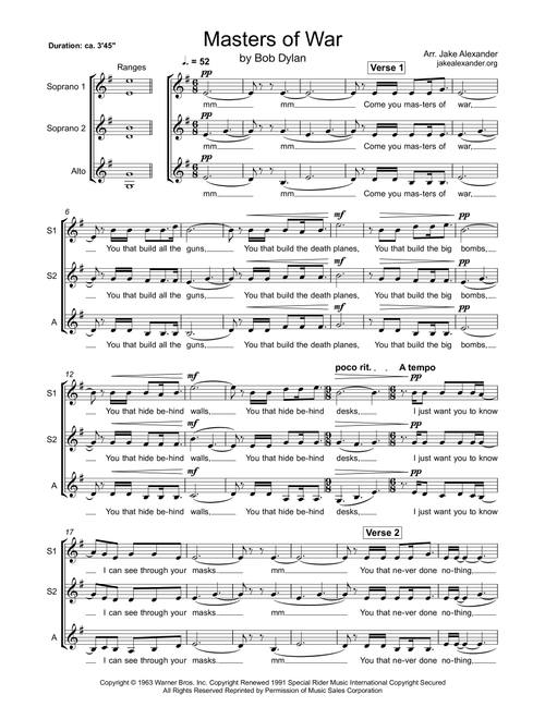 Masters Of War (Arr. Jake Alexander) - Bob Dylan (Choral, SSA)