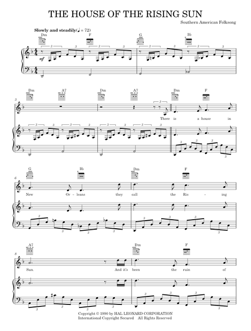 House Of The Rising Sun - Southern American Folksong, The Animals (Piano-Vocal-Guitar)