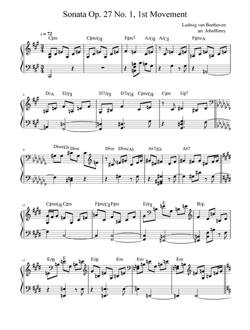 Sonata Op. 27 No. 1, 1st Movement - Ludwig van Beethoven (Easy Piano Arrangement) (Arr. JohnHenry) (Piano Solo)
