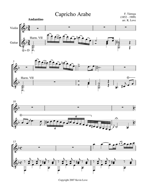 Capricho Arabe (Violin and Guitar) - Score and Parts (Arr. Kevin Love) - Francisco Tárrega (Instrumental Duet)