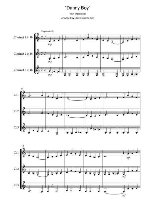 Danny Boy - Easy Clarinet Trio (Arr. Claire Summerbell) - Traditional (Woodwind Ensemble)