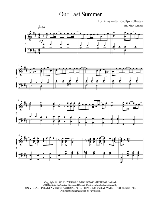 Our Last Summer (Arr. Matt Arnett) - ABBA (Piano Solo)