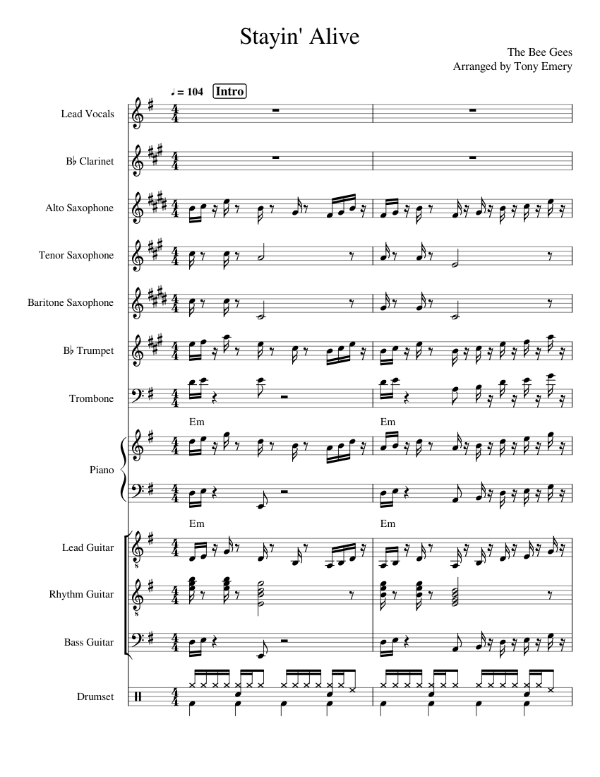 Stayin Alive Bee Gees - Small Band Arrangement Sheet Music with