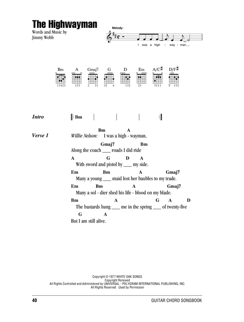 The Highwayman - Highwaymen, Willie Nelson, Waylon Jennings/Willie Nelson/Johnny Cash/Kris Kristofferson (Guitar Chords-Lyrics)
