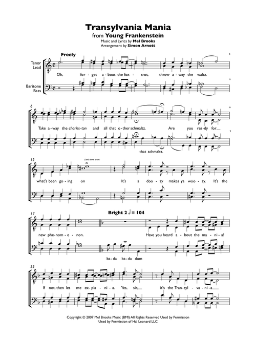 Transylvania Mania from YOUNG FRANKENSTEIN (Arr. Simon Arnott) - Mel Brooks (Choral, TTBB)