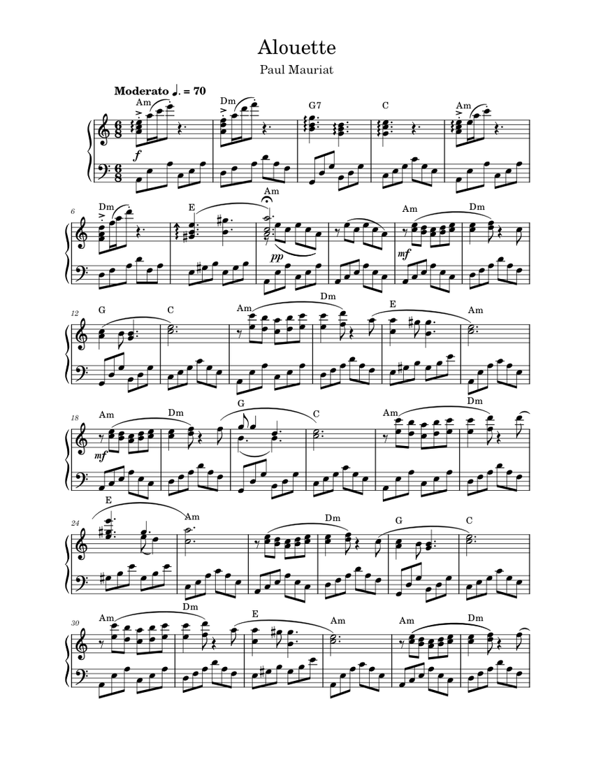 Alouette Paul Mauriat Sheet music for Piano (Solo)