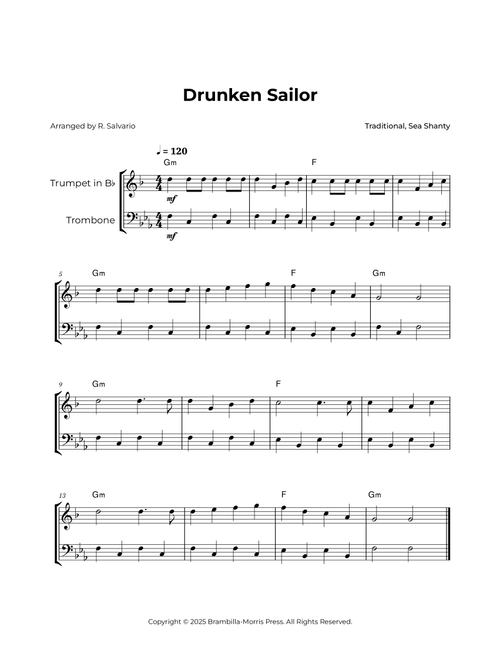 Drunken Sailor - Trumpet and Trombone (Duet) (Arr. R. Salvario) - Traditional (Instrumental Duet)