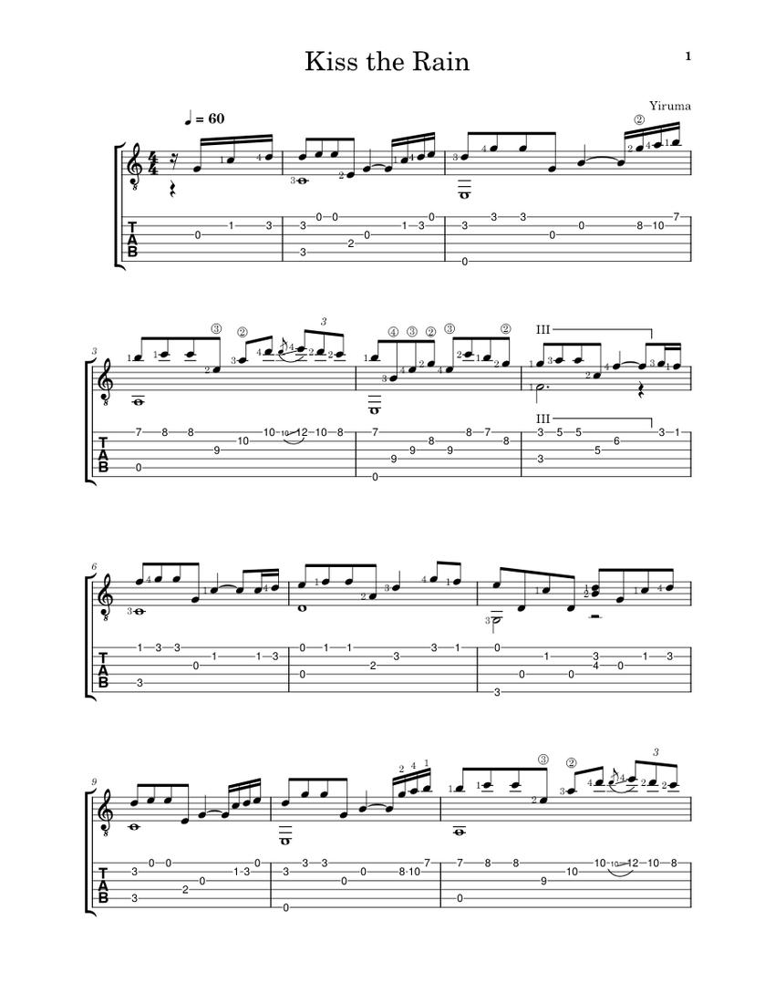 Kiss the Rain – Yiruma Kiss the Rain Sheet Music and Tab for Guitar