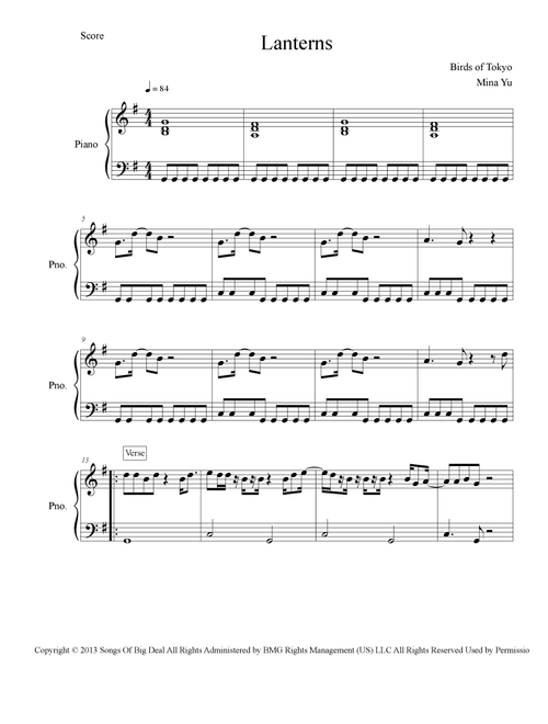 Lanterns (Arr. Mina Yu) - Birds Of Tokyo (Easy Piano)