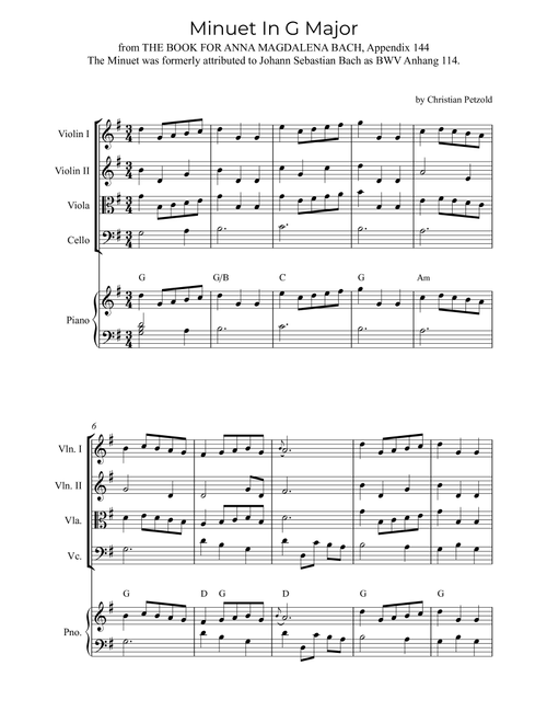 Minuet In G Major (with piano and chords) (Arr. Alex Nunes Rodrigues) - Christian Petzold (String Quartet)