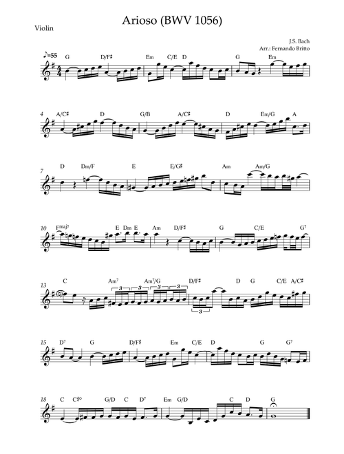 Arioso (J.S. Bach - BWV 1056) for Violin Solo with Chords (Arr. Fernando Britto) - JS Bach (Violin Solo)