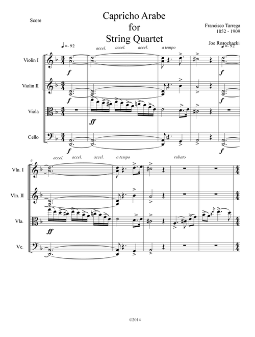 Capricho Arabe for string quartet (Arr. Joe Rosochacki) - Francisco Tarrega (String Ensemble)