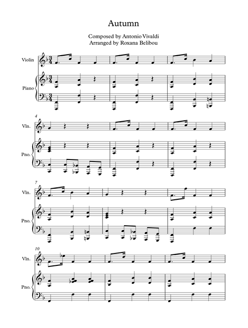 Autumn (Third Movement) by Vivaldi Violin (Flute) & Piano (Arr. Roxana Belibou) (Instrumental Solo (with Piano Accompaniment))